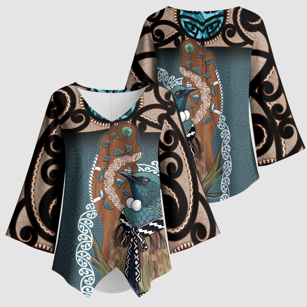 New Zealand Tui Bird Maripi Kimono Sleeve Blouse Maori Weapon Kowhaiwhai Pattern