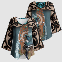 New Zealand Tui Bird Maripi Kimono Sleeve Blouse Maori Weapon Kowhaiwhai Pattern