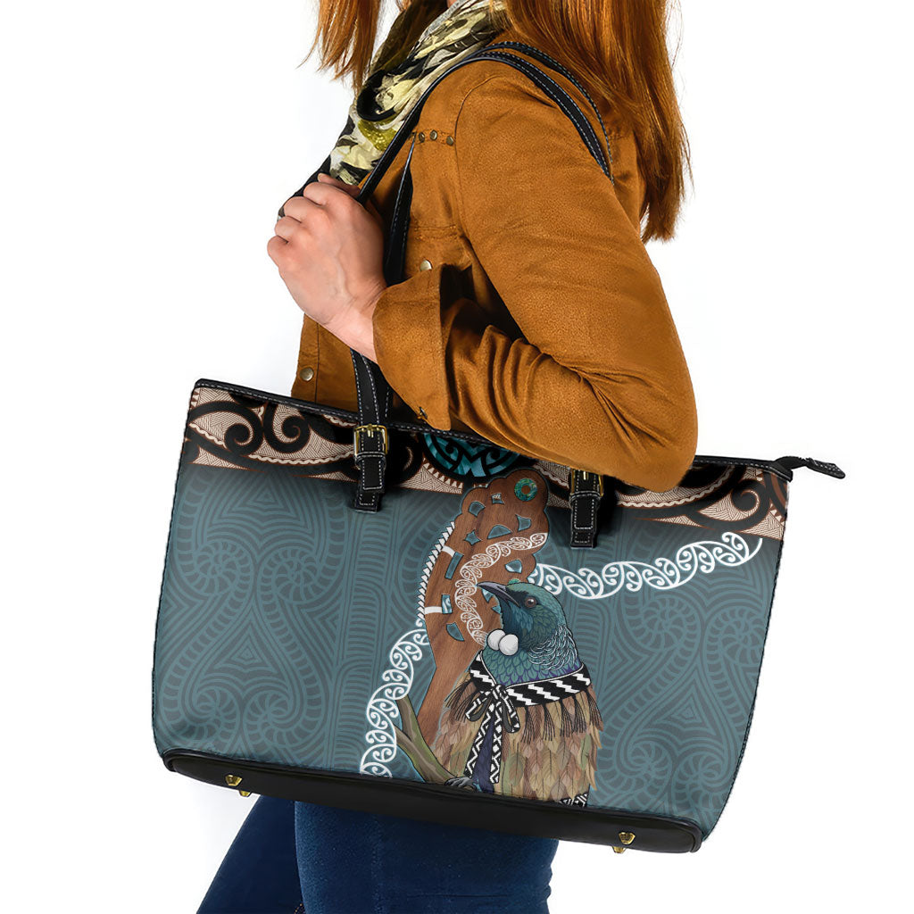 New Zealand Tui Bird Maripi Leather Tote Bag Maori Weapon Kowhaiwhai Pattern LT22 Slate Blue - Polynesian Pride