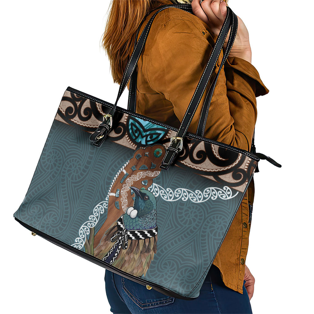 New Zealand Tui Bird Maripi Leather Tote Bag Maori Weapon Kowhaiwhai Pattern