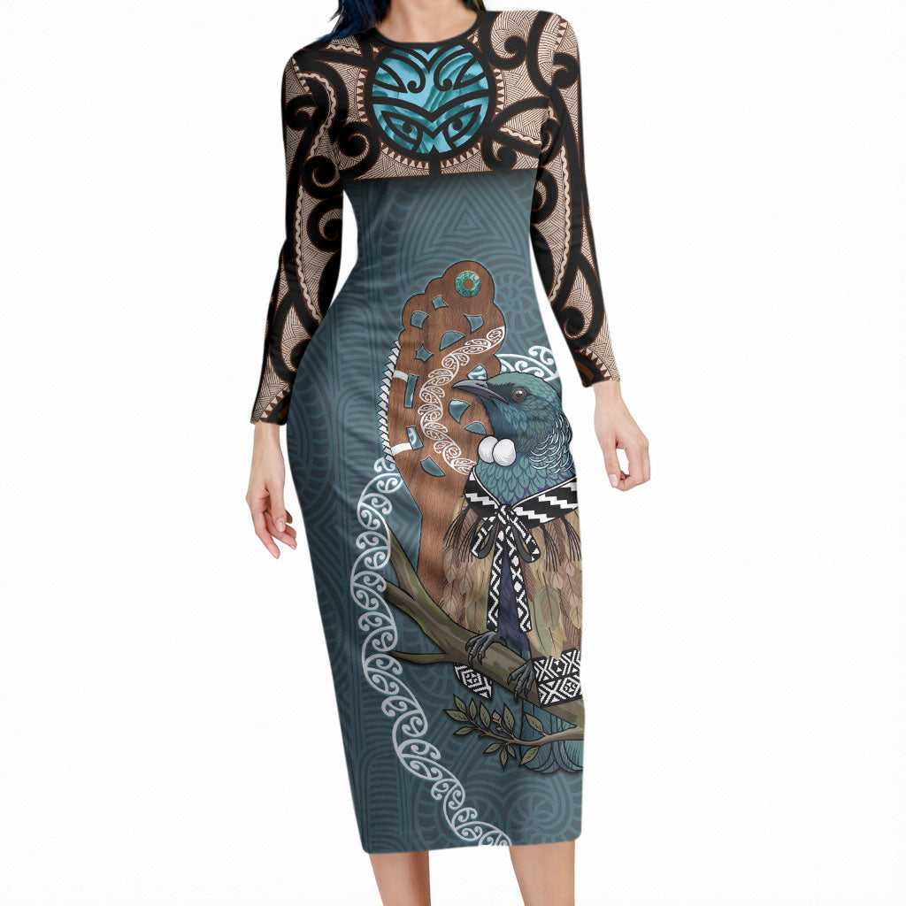 New Zealand Tui Bird Maripi Long Sleeve Bodycon Dress Maori Weapon Kowhaiwhai Pattern LT22 Long Dress Slate Blue - Polynesian Pride