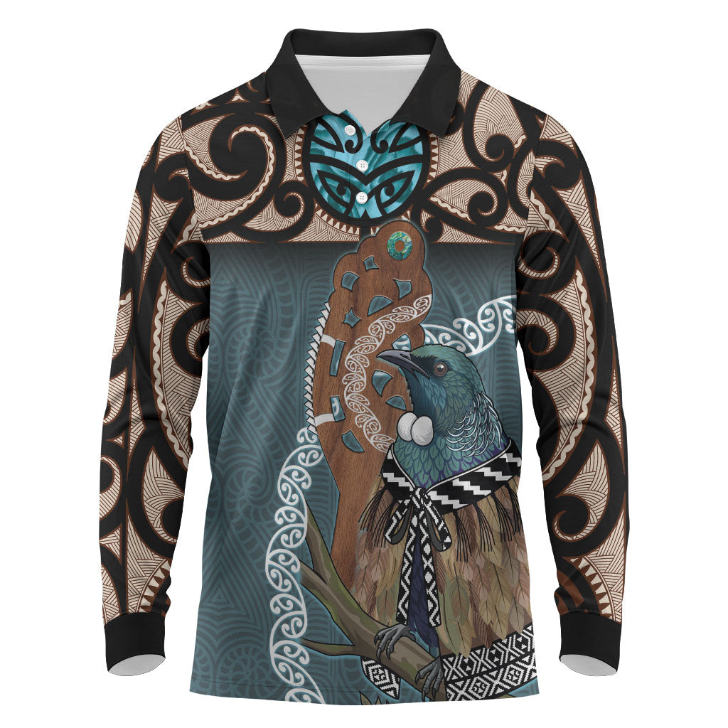 New Zealand Tui Bird Maripi Long Sleeve Polo Shirt Maori Weapon Kowhaiwhai Pattern LT22 Slate Blue - Polynesian Pride