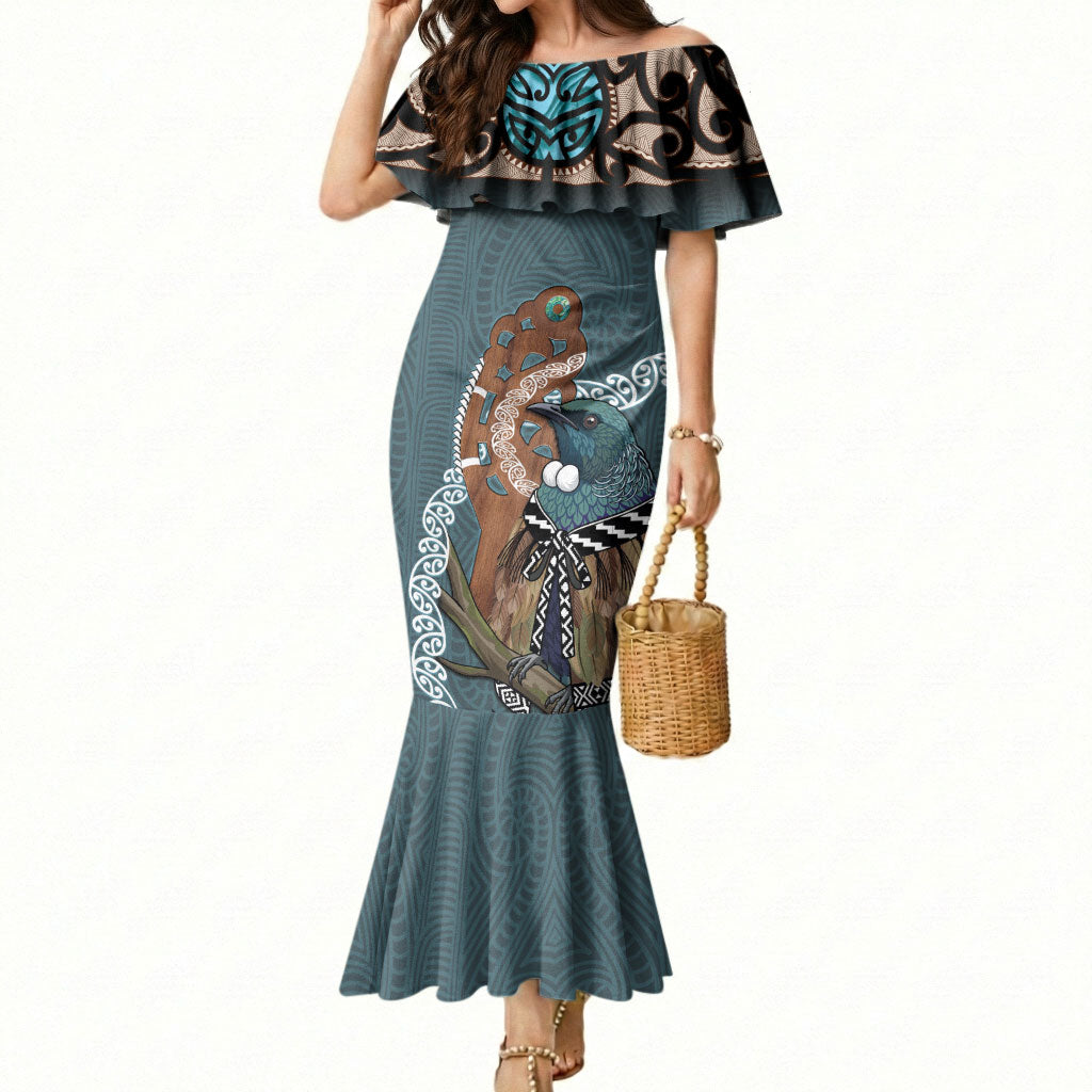 New Zealand Tui Bird Maripi Mermaid Dress Maori Weapon Kowhaiwhai Pattern LT22 Women Slate Blue - Polynesian Pride