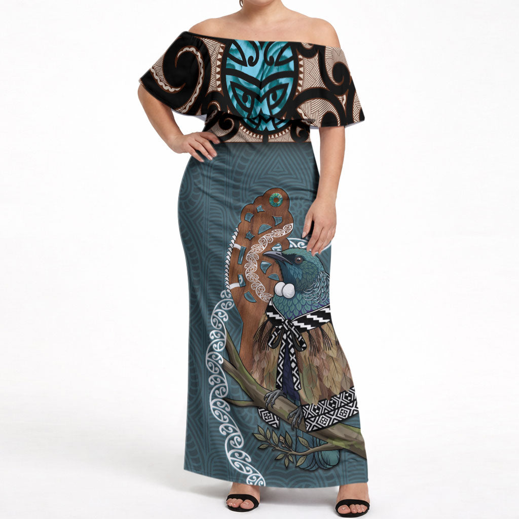 New Zealand Tui Bird Maripi Off Shoulder Maxi Dress Maori Weapon Kowhaiwhai Pattern LT22 Women Slate Blue - Polynesian Pride