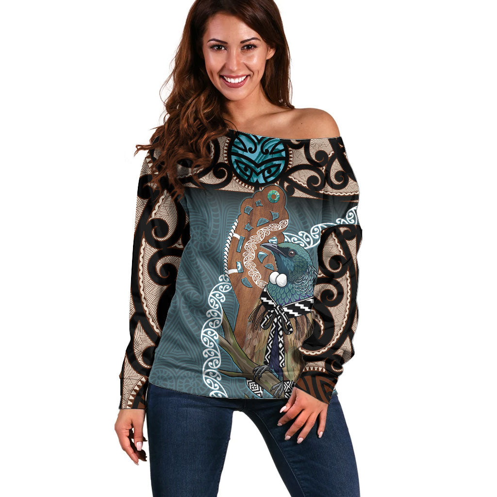 New Zealand Tui Bird Maripi Off Shoulder Sweater Maori Weapon Kowhaiwhai Pattern LT22 Women Slate Blue - Polynesian Pride