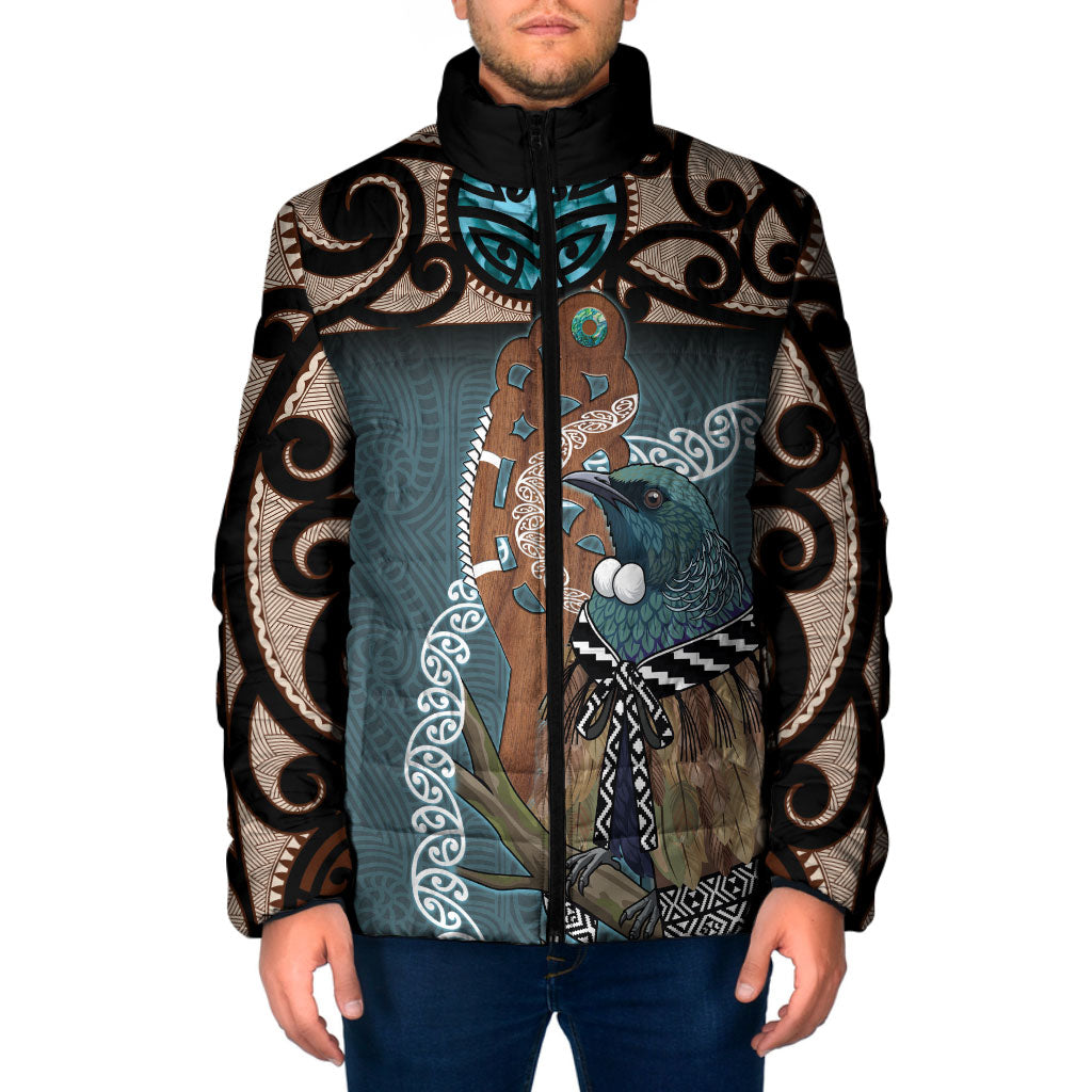 New Zealand Tui Bird Maripi Padded Jacket Maori Weapon Kowhaiwhai Pattern LT22 Men Slate Blue - Polynesian Pride