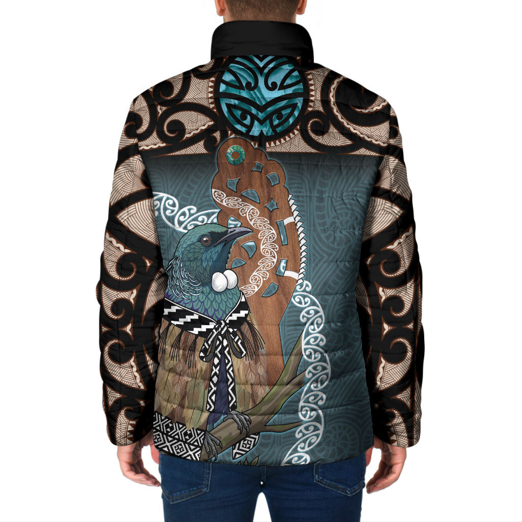 New Zealand Tui Bird Maripi Padded Jacket Maori Weapon Kowhaiwhai Pattern