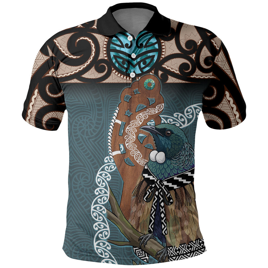 New Zealand Tui Bird Maripi Polo Shirt Maori Weapon Kowhaiwhai Pattern LT22 Slate Blue - Polynesian Pride