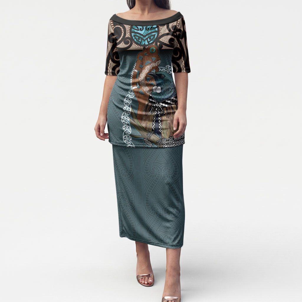 New Zealand Tui Bird Maripi Puletasi Maori Weapon Kowhaiwhai Pattern LT22 Long Dress Slate Blue - Polynesian Pride