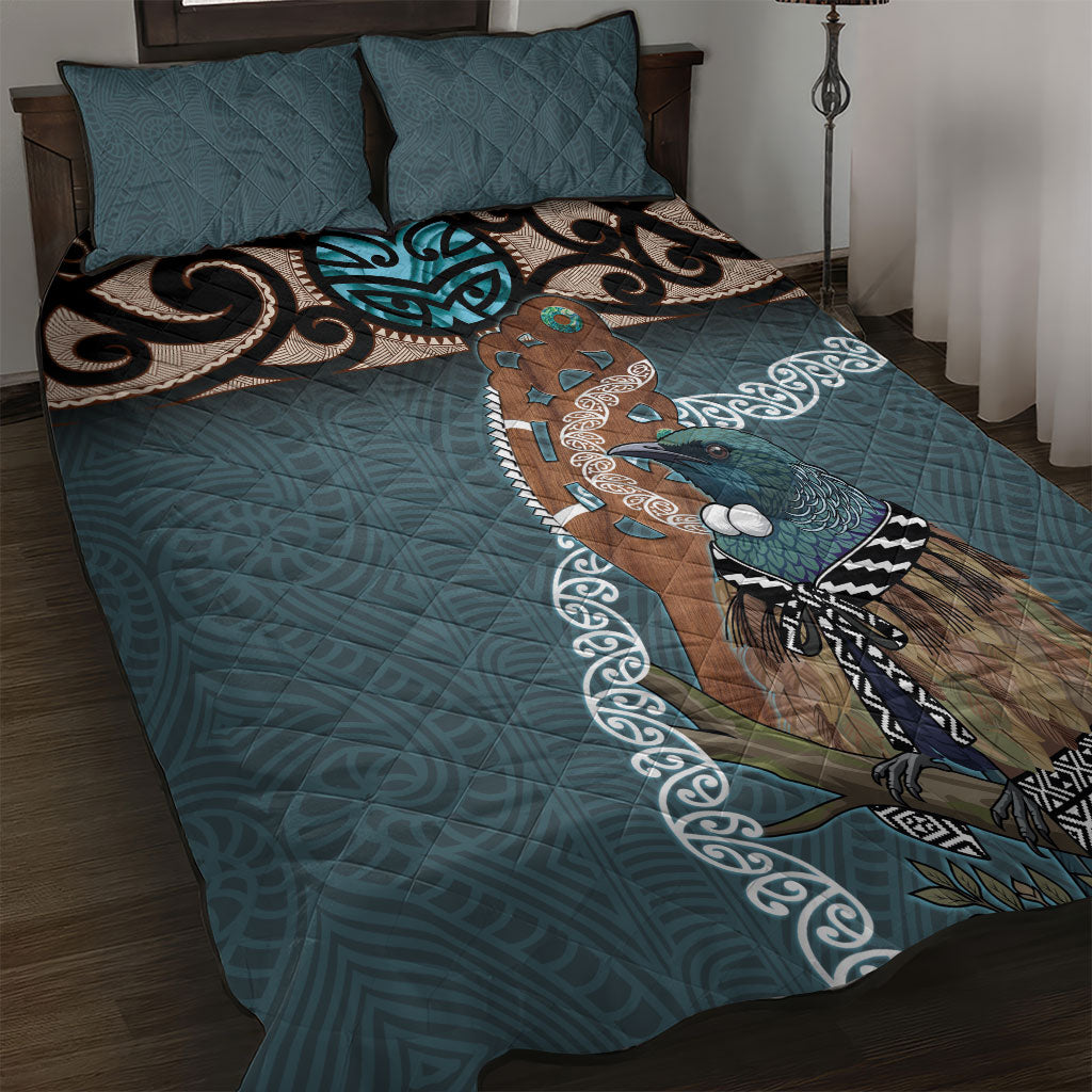New Zealand Tui Bird Maripi Quilt Bed Set Maori Weapon Kowhaiwhai Pattern LT22 Slate Blue - Polynesian Pride