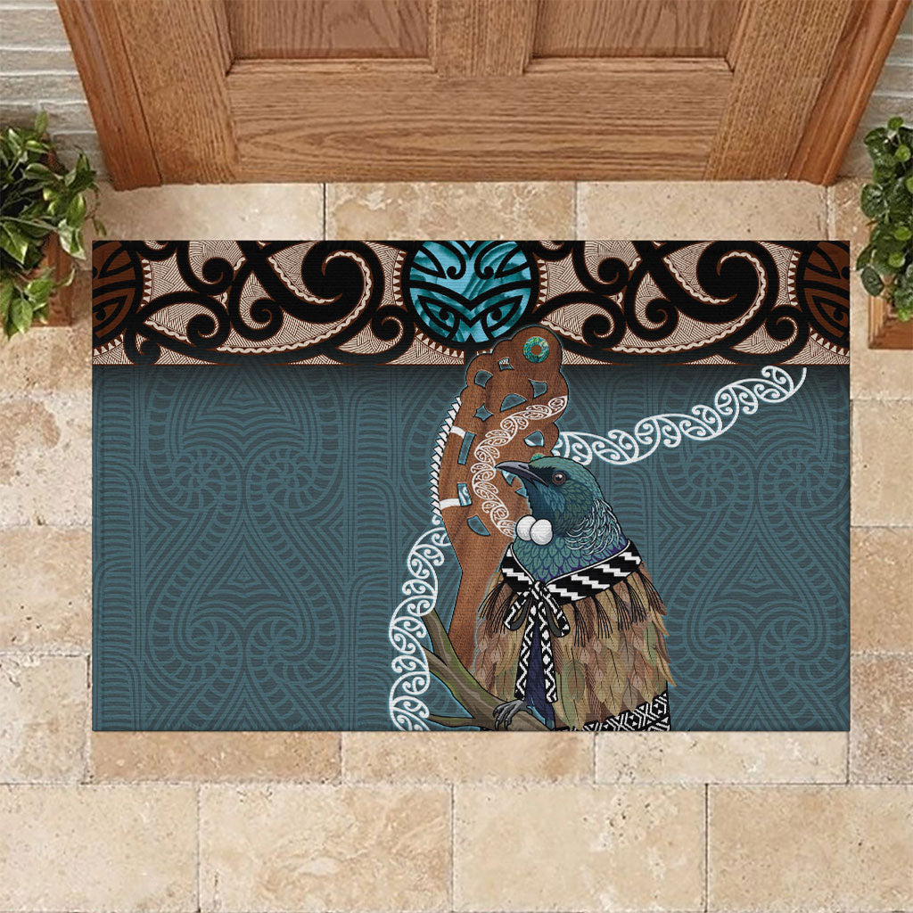 New Zealand Tui Bird Maripi Rubber Doormat Maori Weapon Kowhaiwhai Pattern LT22 Slate Blue - Polynesian Pride