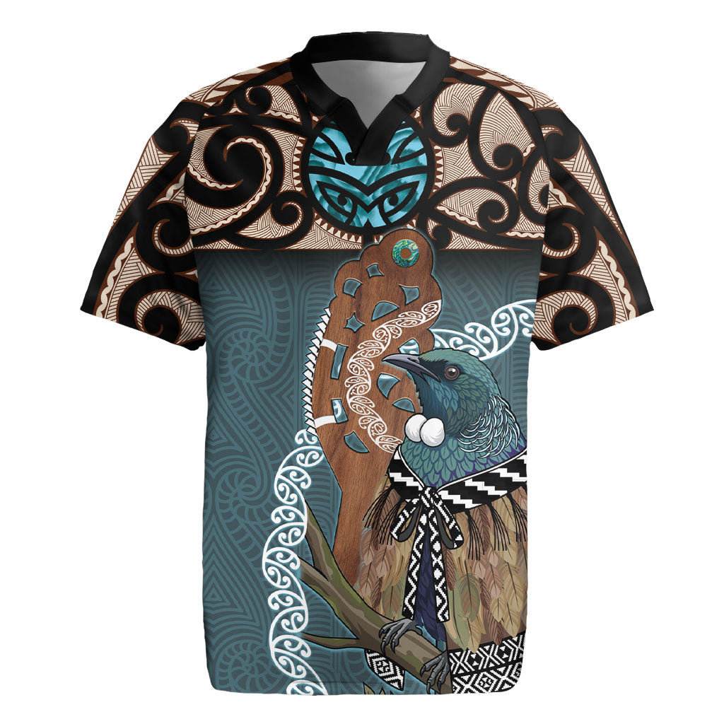 New Zealand Tui Bird Maripi Rugby Jersey Maori Weapon Kowhaiwhai Pattern LT22 Slate Blue - Polynesian Pride
