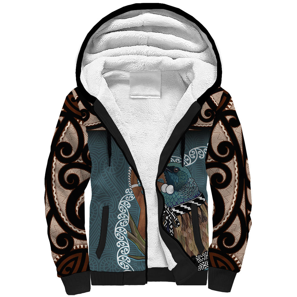 New Zealand Tui Bird Maripi Sherpa Hoodie Maori Weapon Kowhaiwhai Pattern LT22 Unisex Slate Blue - Polynesian Pride