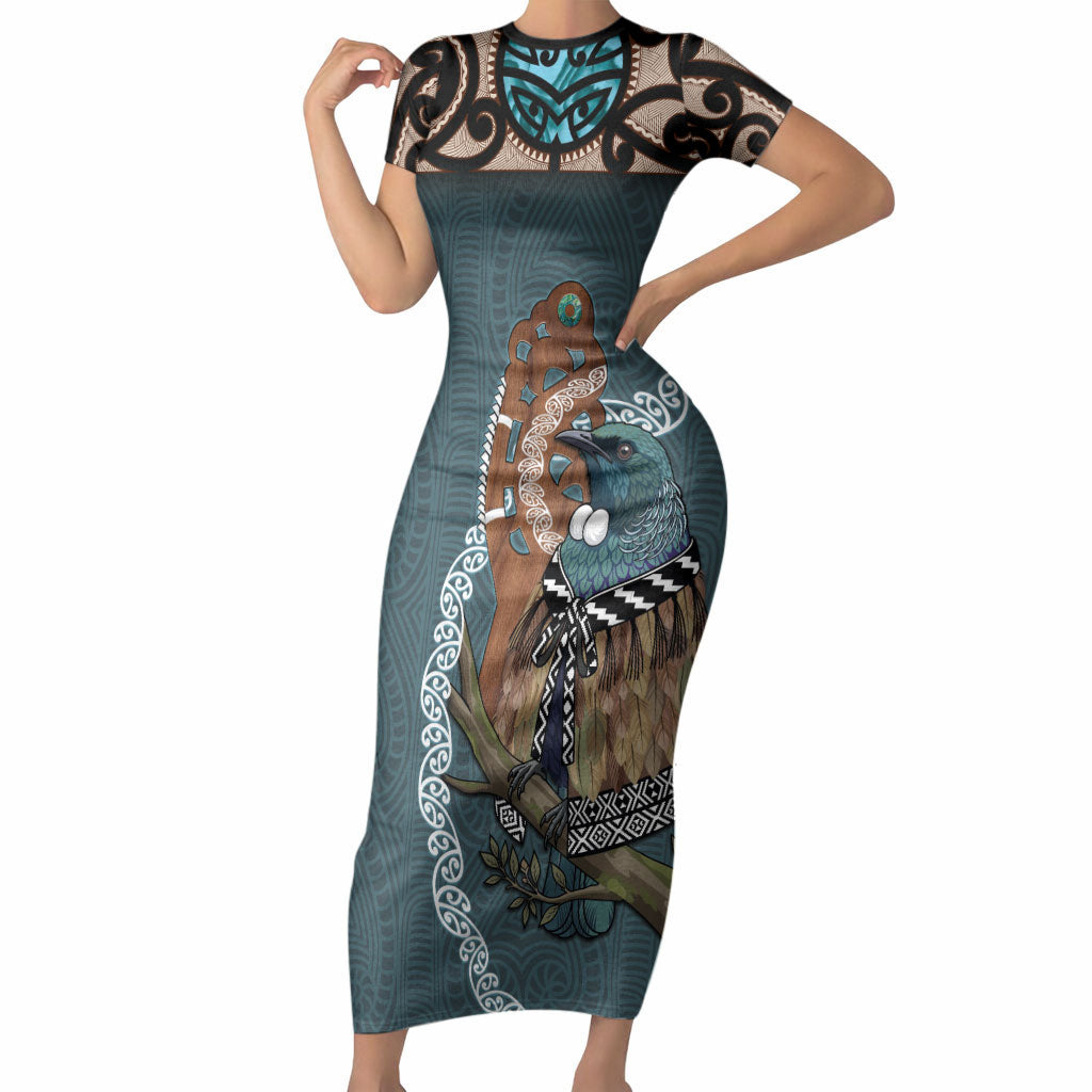 New Zealand Tui Bird Maripi Short Sleeve Bodycon Dress Maori Weapon Kowhaiwhai Pattern LT22 Long Dress Slate Blue - Polynesian Pride
