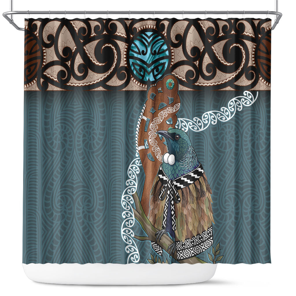 New Zealand Tui Bird Maripi Shower Curtain Maori Weapon Kowhaiwhai Pattern LT22 Slate Blue - Polynesian Pride