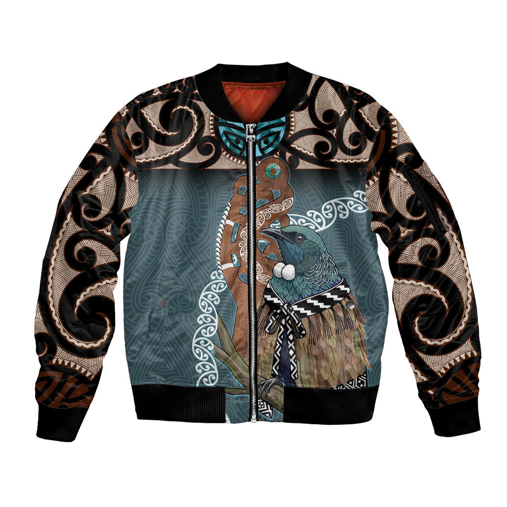 New Zealand Tui Bird Maripi Sleeve Zip Bomber Jacket Maori Weapon Kowhaiwhai Pattern LT22 Unisex Slate Blue - Polynesian Pride