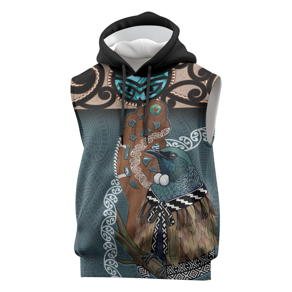 New Zealand Tui Bird Maripi Sleeveless Hoodie Maori Weapon Kowhaiwhai Pattern LT22 Slate Blue - Polynesian Pride