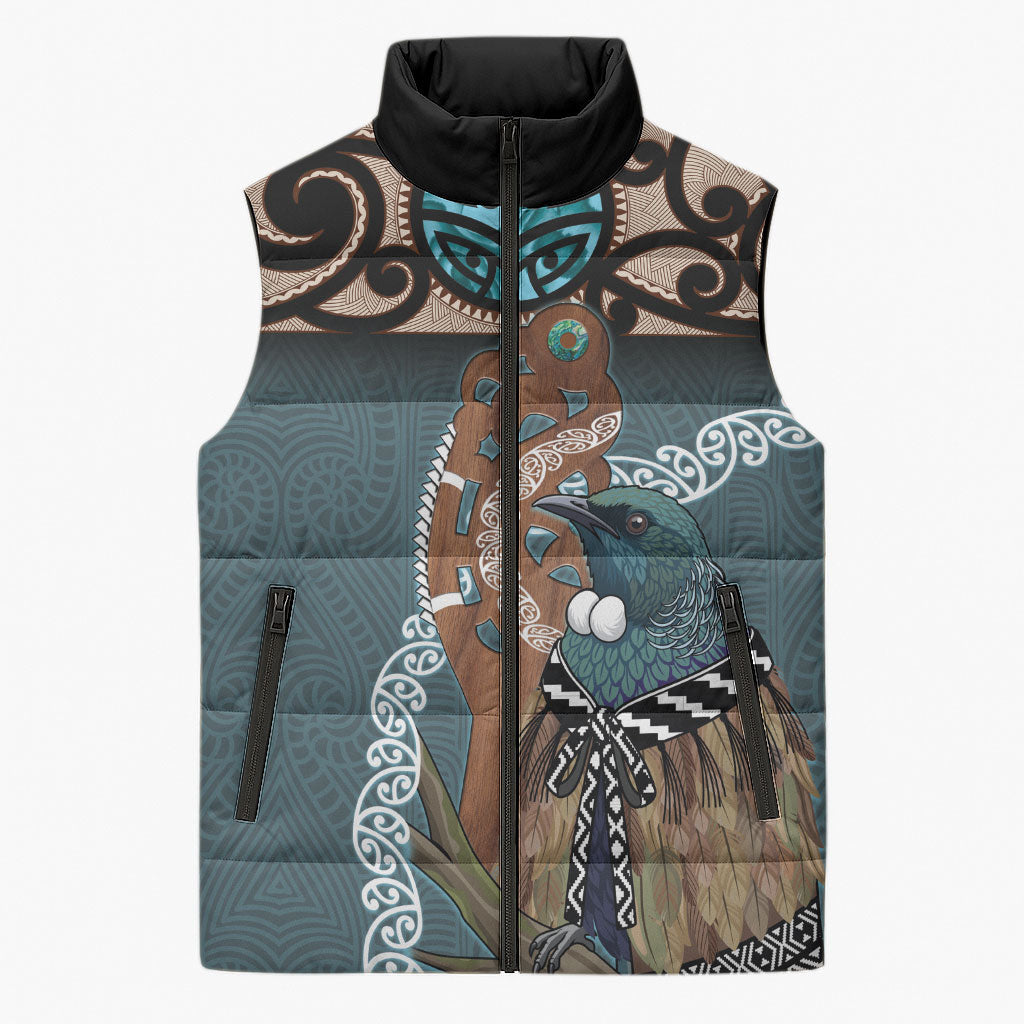 New Zealand Tui Bird Maripi Sleeveless Puffer Jacket Maori Weapon Kowhaiwhai Pattern LT22 Unisex Slate Blue - Polynesian Pride