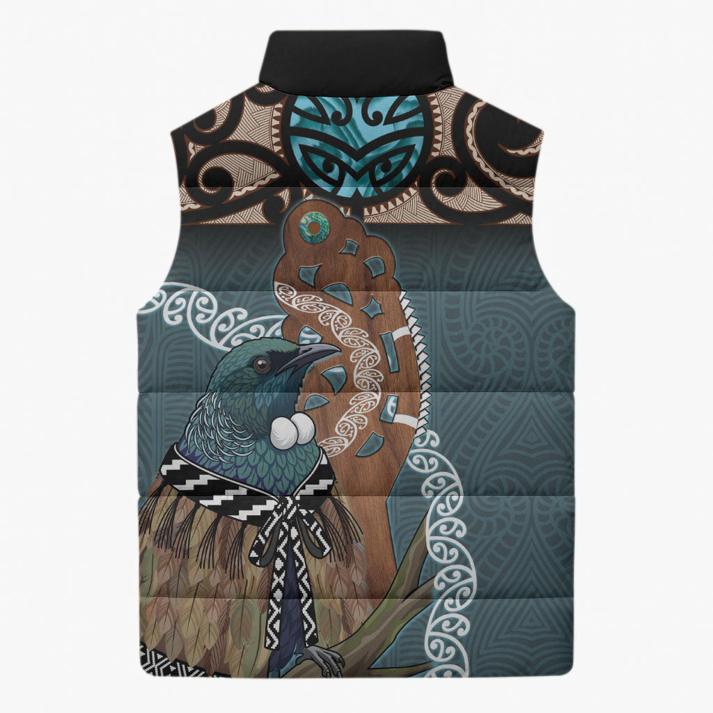 New Zealand Tui Bird Maripi Sleeveless Puffer Jacket Maori Weapon Kowhaiwhai Pattern