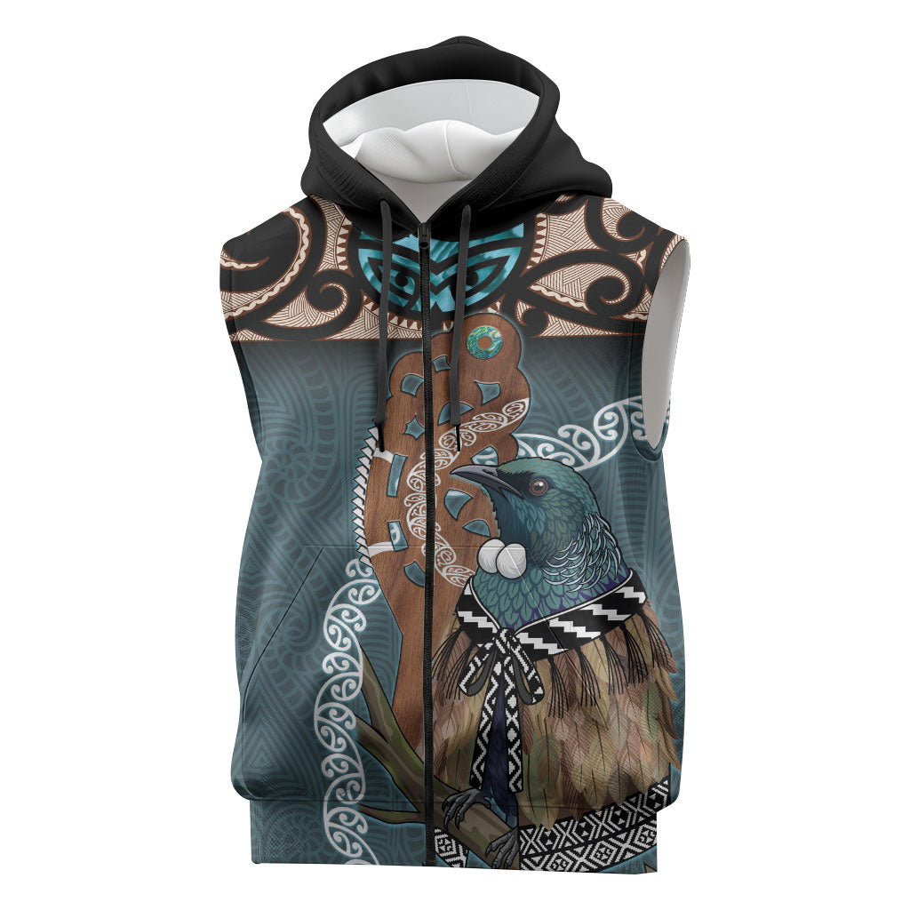 New Zealand Tui Bird Maripi Sleeveless Zip Hoodie Maori Weapon Kowhaiwhai Pattern LT22 Slate Blue - Polynesian Pride