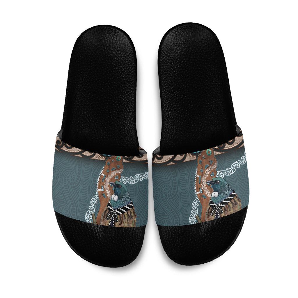 New Zealand Tui Bird Maripi Slide Sandals Maori Weapon Kowhaiwhai Pattern LT22 Slate Blue - Polynesian Pride