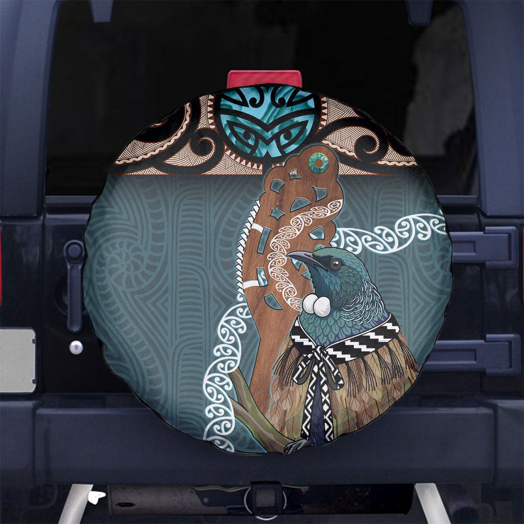 New Zealand Tui Bird Maripi Spare Tire Cover Maori Weapon Kowhaiwhai Pattern LT22 No hole Slate Blue - Polynesian Pride