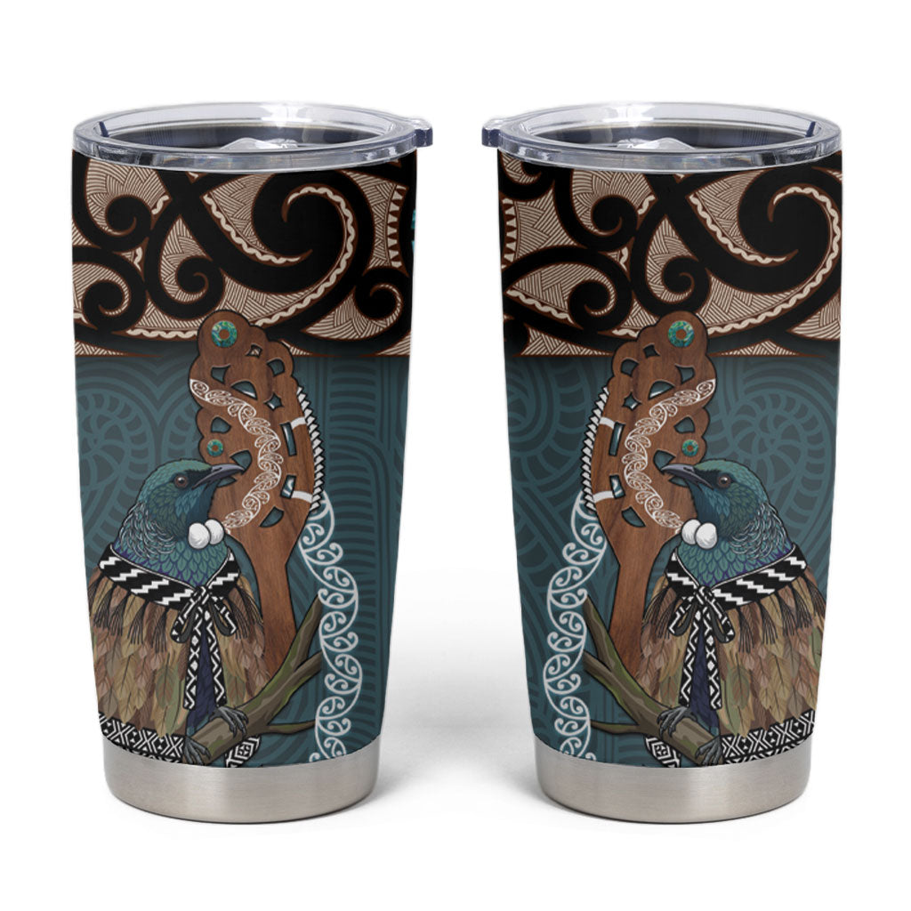 New Zealand Tui Bird Maripi Tumbler Cup Maori Weapon Kowhaiwhai Pattern LT22 Slate Blue - Polynesian Pride