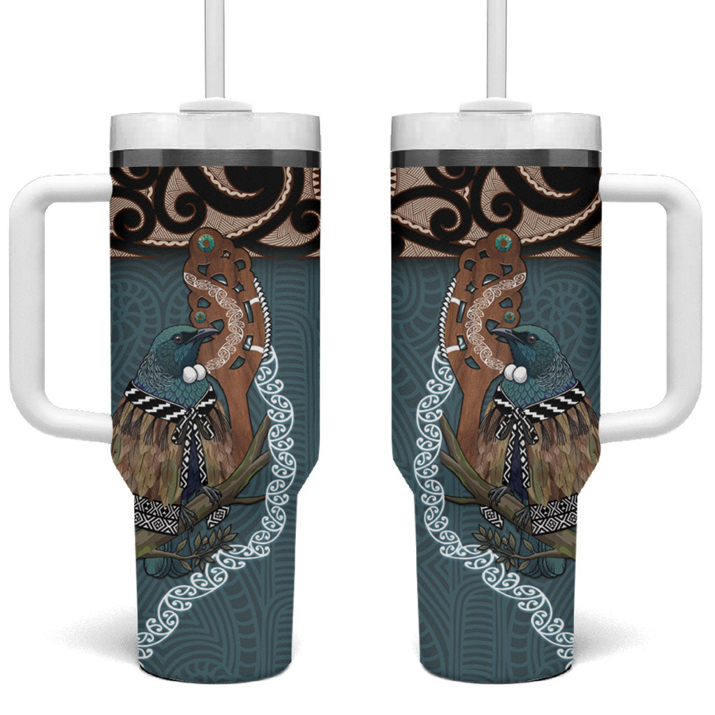 New Zealand Tui Bird Maripi Tumbler With Handle Maori Weapon Kowhaiwhai Pattern LT22 One Size: 40 oz Slate Blue - Polynesian Pride
