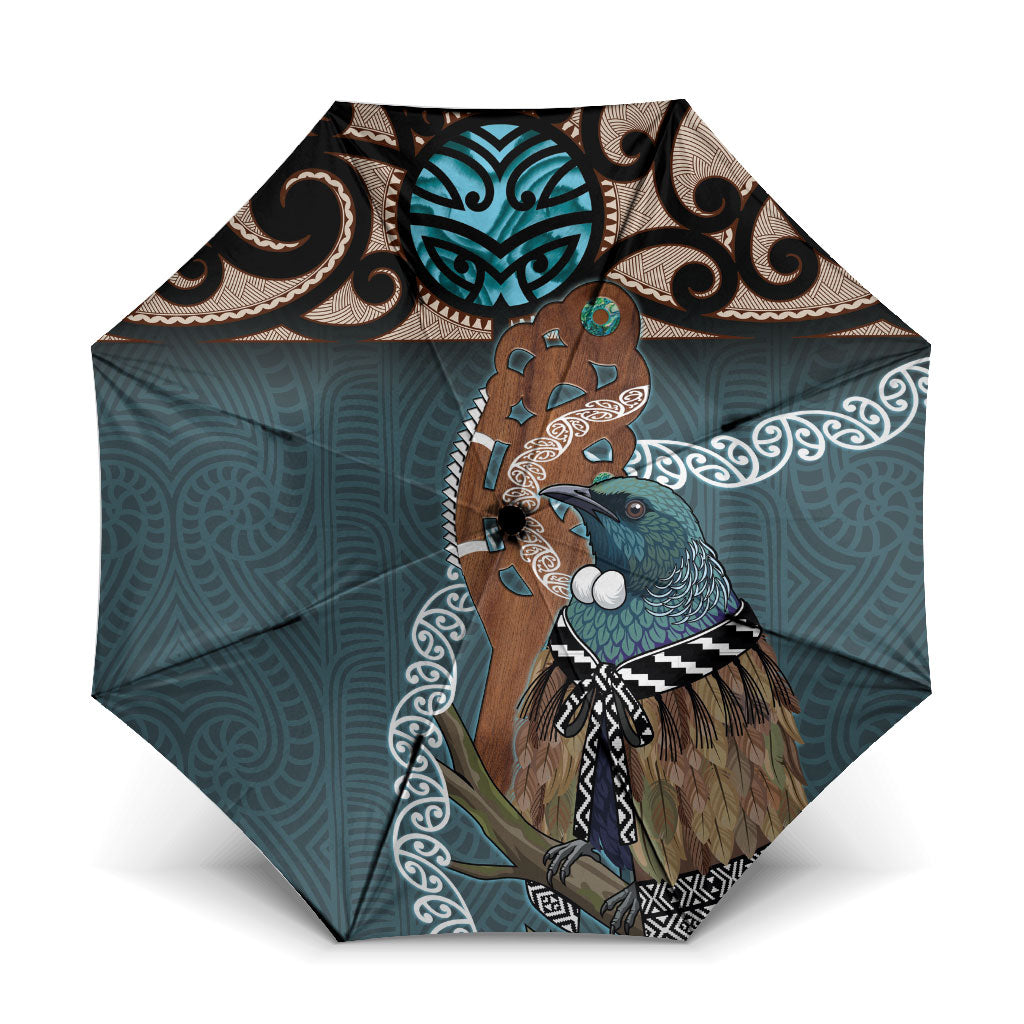 New Zealand Tui Bird Maripi Umbrella Maori Weapon Kowhaiwhai Pattern LT22 One Size Folded 11.42 inch Opened Diameter 37.4 inch Slate Blue - Polynesian Pride