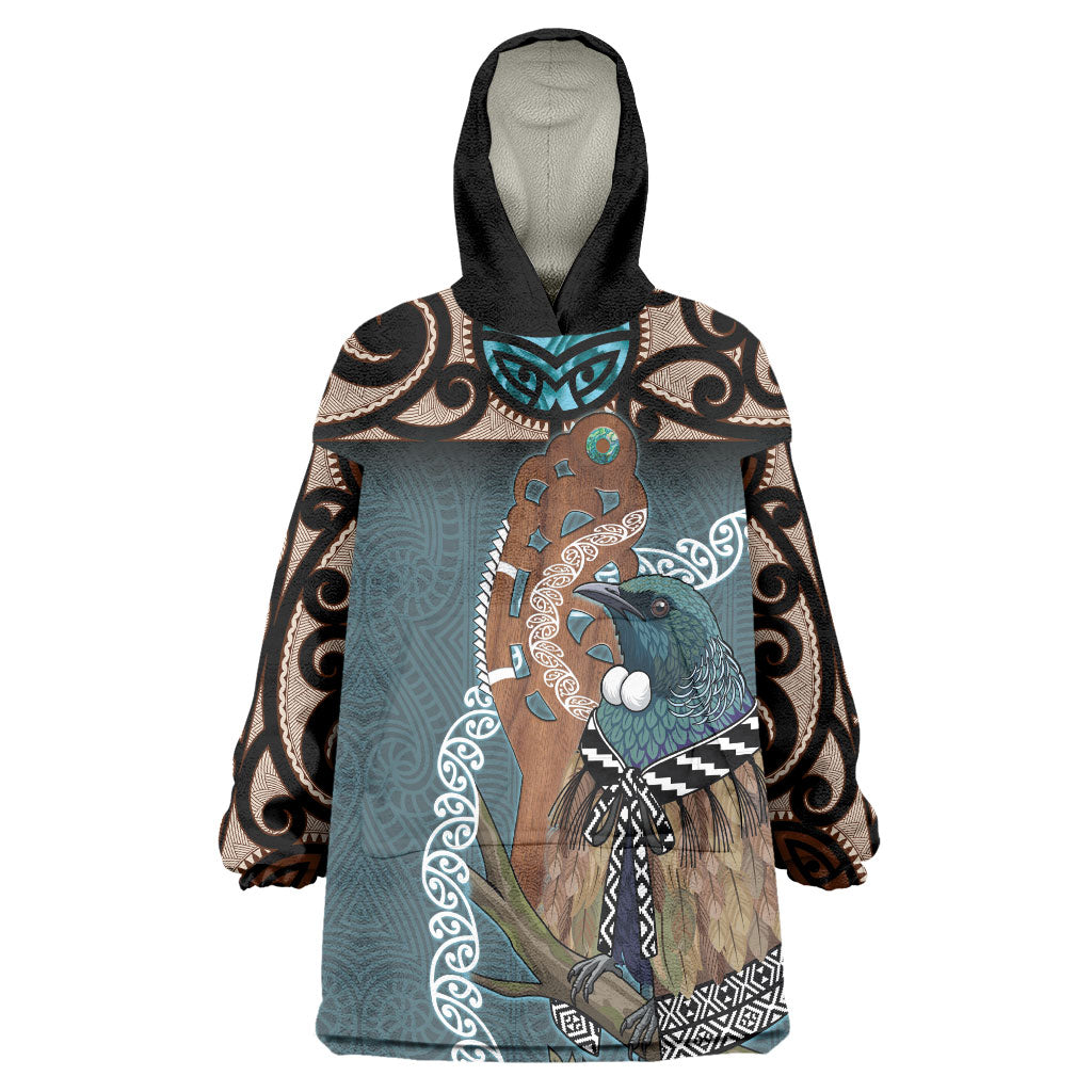 New Zealand Tui Bird Maripi Wearable Blanket Hoodie Maori Weapon Kowhaiwhai Pattern LT22 One Size Slate Blue - Polynesian Pride