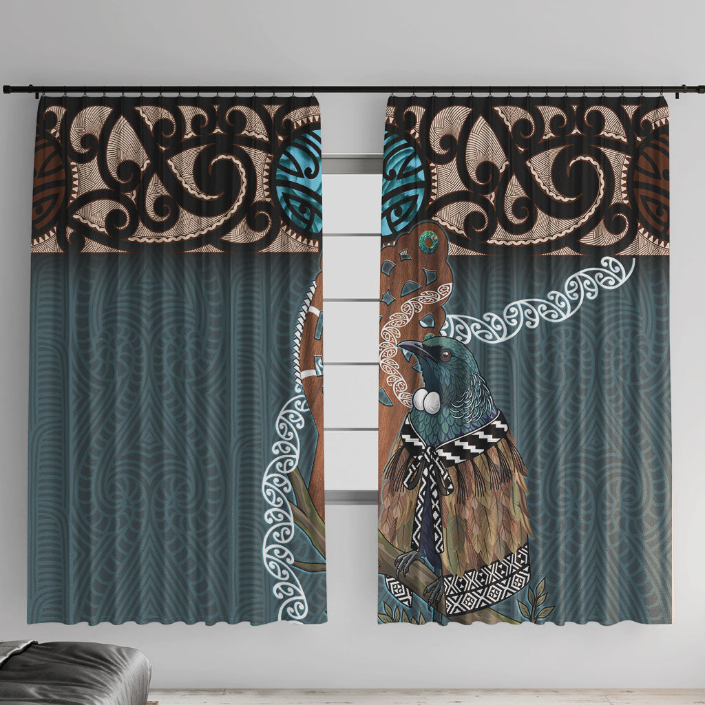 New Zealand Tui Bird Maripi Window Curtain Maori Weapon Kowhaiwhai Pattern LT22 With Hooks Slate Blue - Polynesian Pride