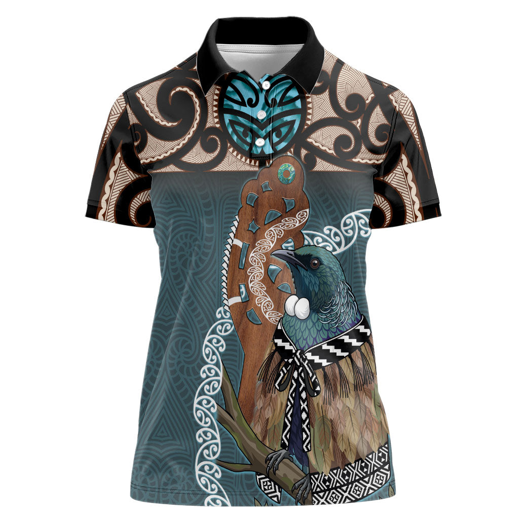 New Zealand Tui Bird Maripi Women Polo Shirt Maori Weapon Kowhaiwhai Pattern LT22 Female Slate Blue - Polynesian Pride