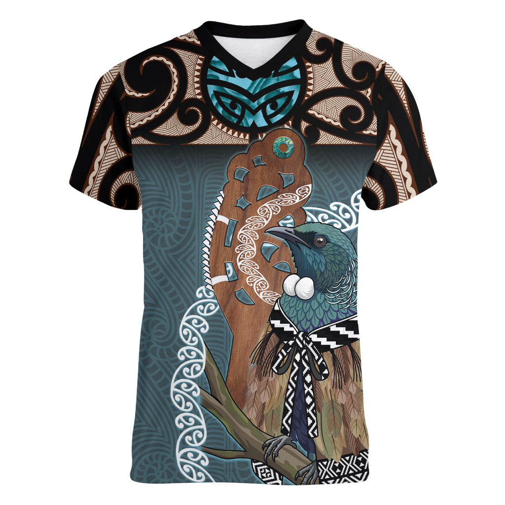 New Zealand Tui Bird Maripi Women V-Neck T-Shirt Maori Weapon Kowhaiwhai Pattern LT22 Female Slate Blue - Polynesian Pride