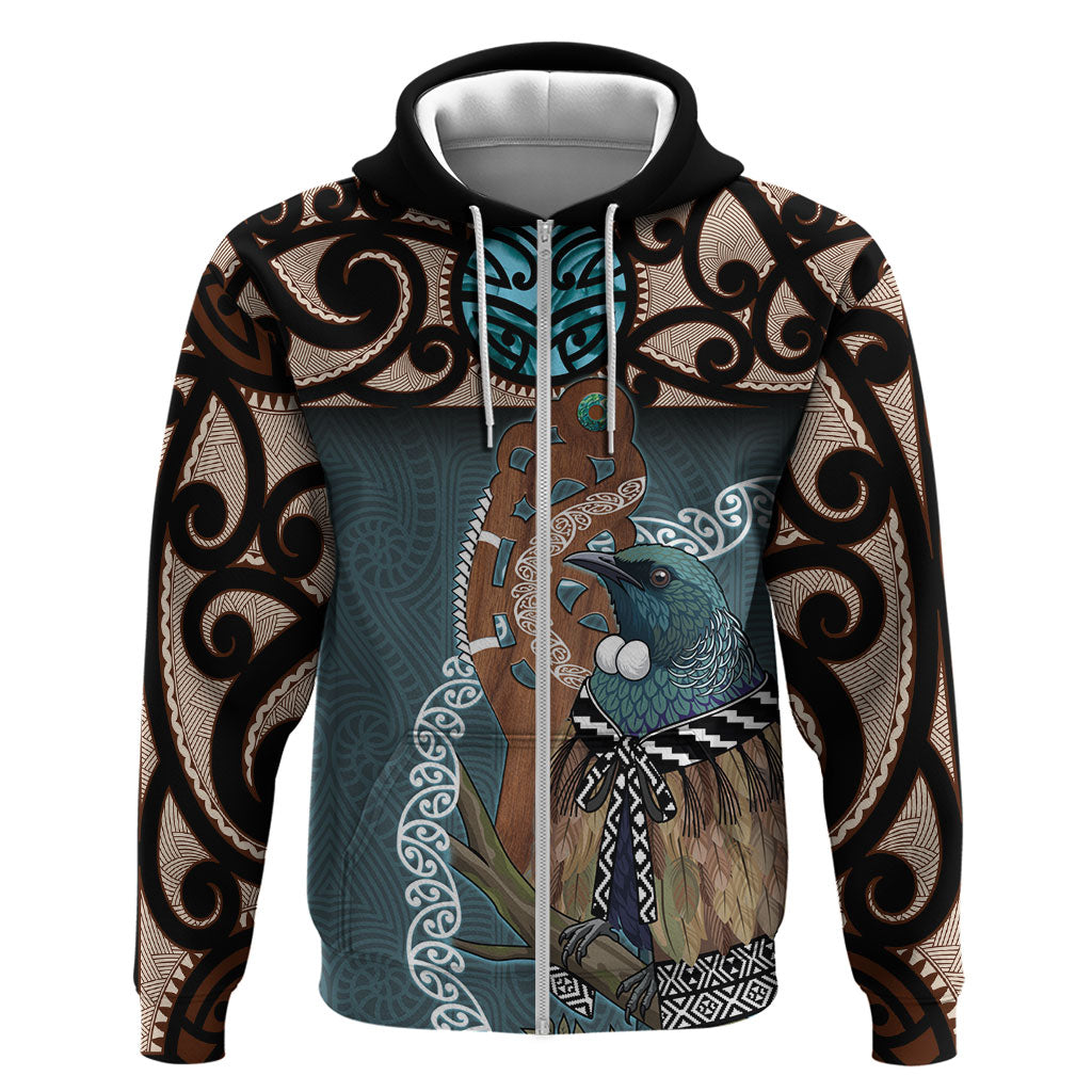 New Zealand Tui Bird Maripi Zip Hoodie Maori Weapon Kowhaiwhai Pattern LT22 Zip Hoodie Slate Blue - Polynesian Pride