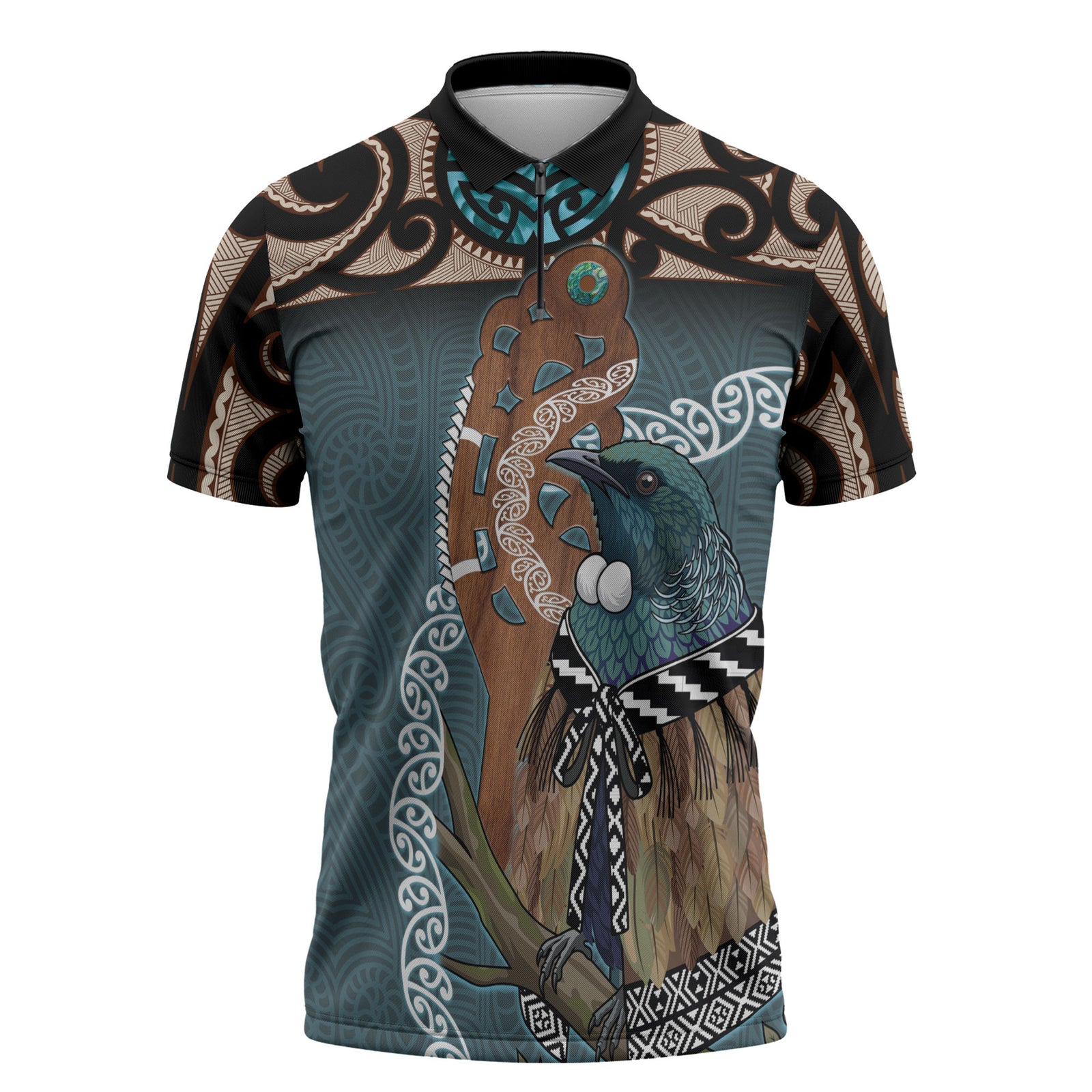 New Zealand Tui Bird Maripi Zipper Polo Shirt Maori Weapon Kowhaiwhai Pattern LT22 Slate Blue - Polynesian Pride