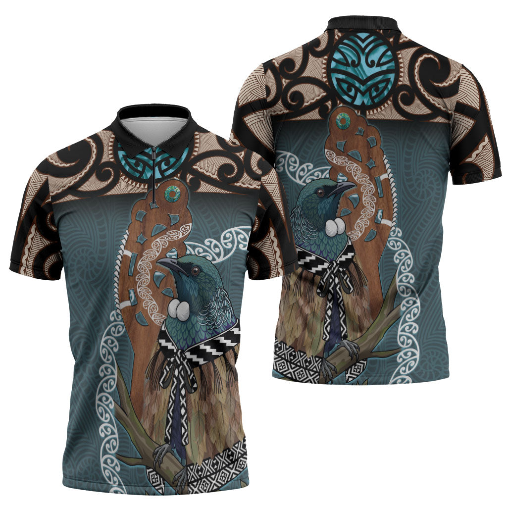 New Zealand Tui Bird Maripi Zipper Polo Shirt Maori Weapon Kowhaiwhai Pattern