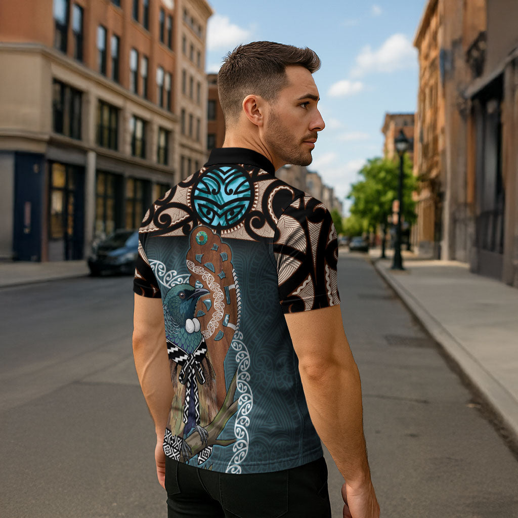 New Zealand Tui Bird Maripi Zipper Polo Shirt Maori Weapon Kowhaiwhai Pattern