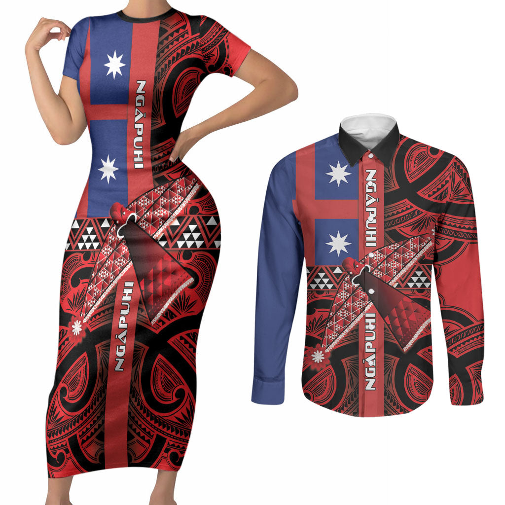 Aotearoa Iwi Ngapuhi Couples Matching Short Sleeve Bodycon Dress and Long Sleeve Button Shirt Tuhoronuku Kite United Tribes Flag Maori Pattern LT22 Red - Polynesian Pride