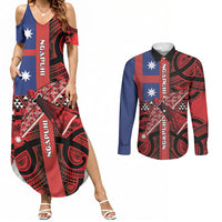 Aotearoa Iwi Ngapuhi Couples Matching Summer Maxi Dress and Long Sleeve Button Shirt Tuhoronuku Kite United Tribes Flag Maori Pattern LT22 Red - Polynesian Pride