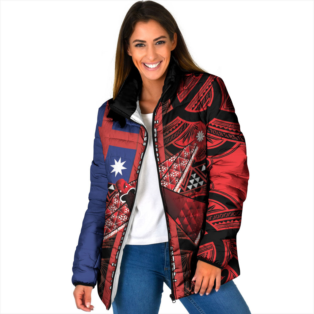 Aotearoa Iwi Ngapuhi Padded Jacket Tuhoronuku Kite United Tribes Flag Maori Pattern LT22 Women Red - Polynesian Pride