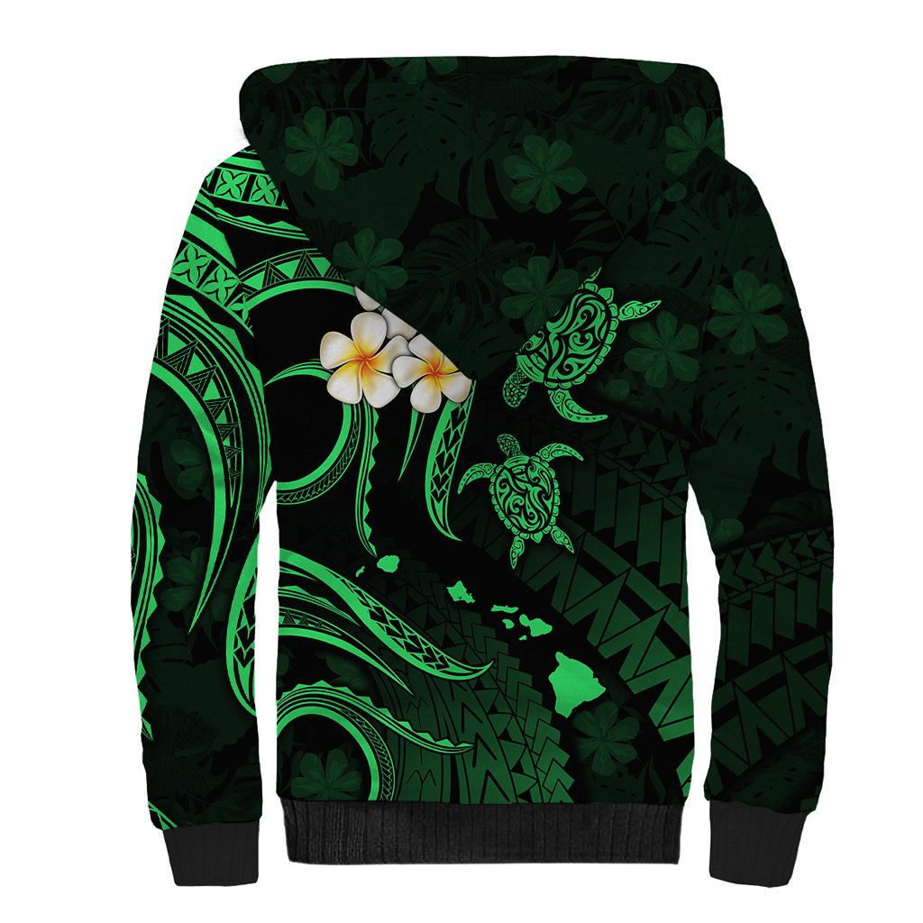 Personalised Niihau Hawaii Sherpa Hoodie Polynesian Tattoo and Pacific Plumeria Green Vibe LT9 - Polynesian Pride