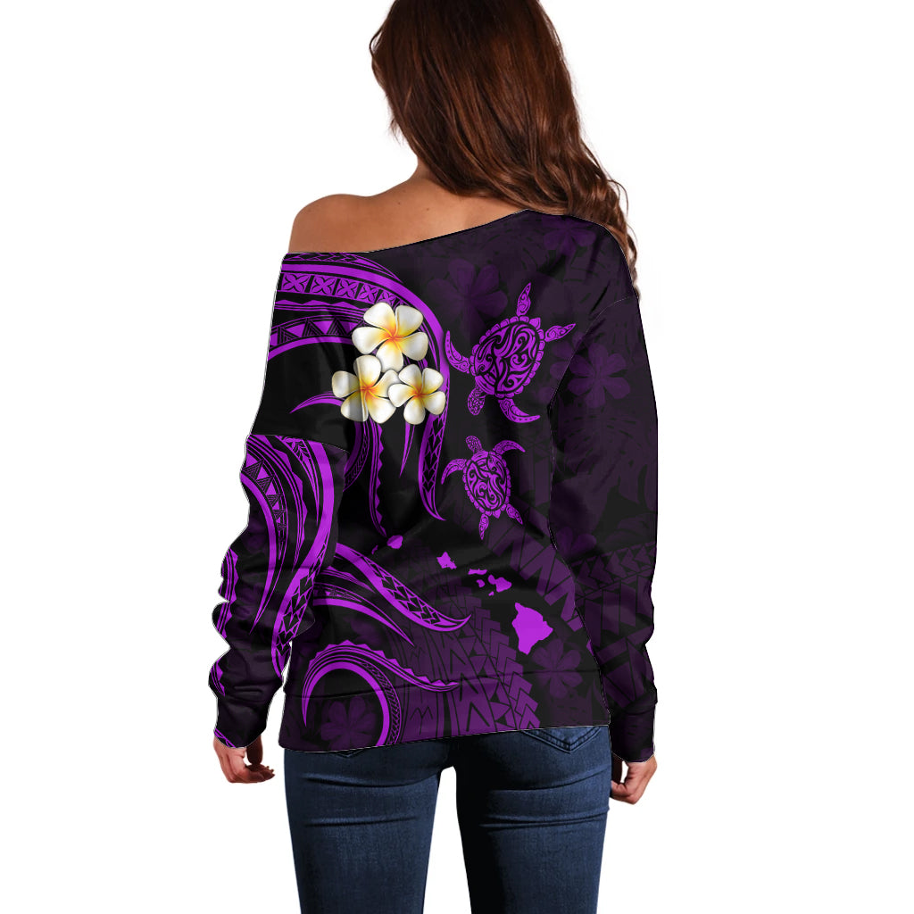 Personalised Niihau Hawaii Off Shoulder Sweater Polynesian Tattoo and Pacific Plumeria Purple Vibe LT9 - Polynesian Pride