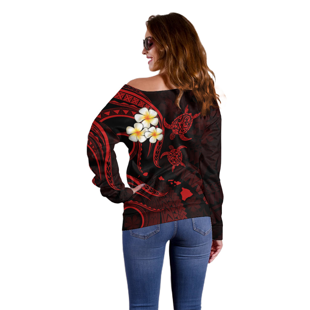 Personalised Niihau Hawaii Off Shoulder Sweater Polynesian Tattoo and Pacific Plumeria Red Vibe LT9 - Polynesian Pride