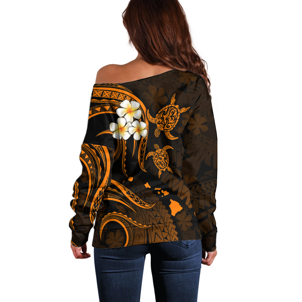 Personalised Molokai Hawaii Off Shoulder Sweater Polynesian Tattoo and Pacific Plumeria Gold Vibe LT9 - Polynesian Pride
