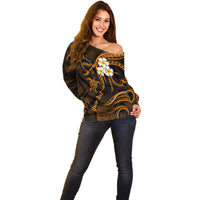 Personalised Molokai Hawaii Off Shoulder Sweater Polynesian Tattoo and Pacific Plumeria Gold Vibe LT9 - Polynesian Pride