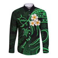 Personalised Molokai Hawaii Long Sleeve Button Shirt Polynesian Tattoo and Pacific Plumeria Green Vibe LT9 Unisex Green - Polynesian Pride