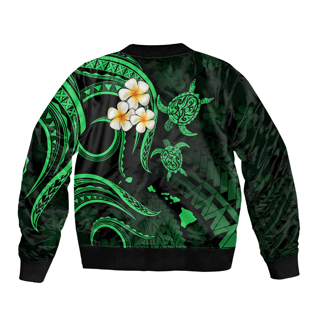 Personalised Lanai Hawaii Sleeve Zip Bomber Jacket Polynesian Tattoo and Pacific Plumeria Green Vibe LT9 - Polynesian Pride