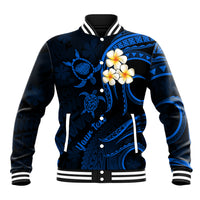 Personalised Kauai Hawaii Baseball Jacket Polynesian Tattoo and Pacific Plumeria Blue Vibe LT9 Unisex Blue - Polynesian Pride