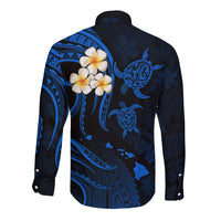 Personalised Kauai Hawaii Long Sleeve Button Shirt Polynesian Tattoo and Pacific Plumeria Blue Vibe LT9 - Polynesian Pride