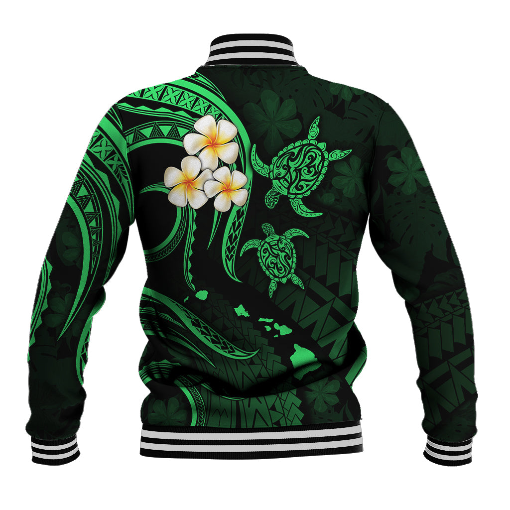 Personalised Kauai Hawaii Baseball Jacket Polynesian Tattoo and Pacific Plumeria Green Vibe LT9 - Polynesian Pride